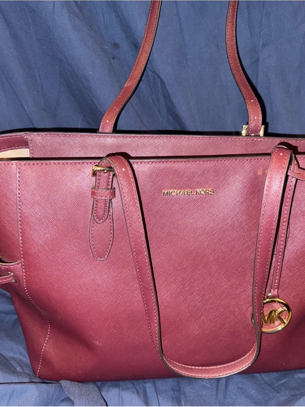 Michael Kors Wine Saffiano Leather Tote with Gold Hardware